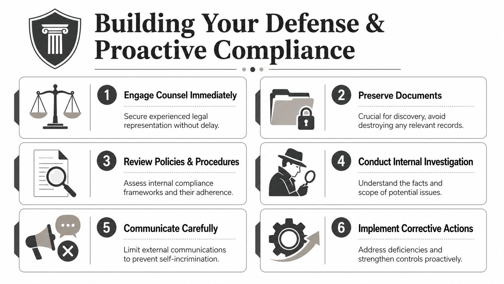 A six-step guide infographic titled Building Your Defense & Proactive Compliance featuring legal and investigation icons.
