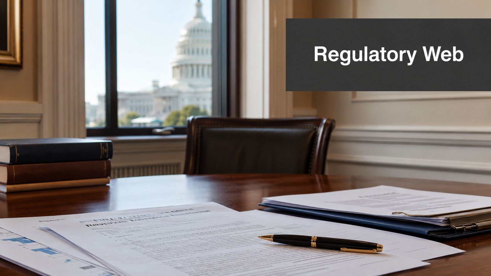 A professional office desk with legal documents, a pen, and a view of the US Capitol building.