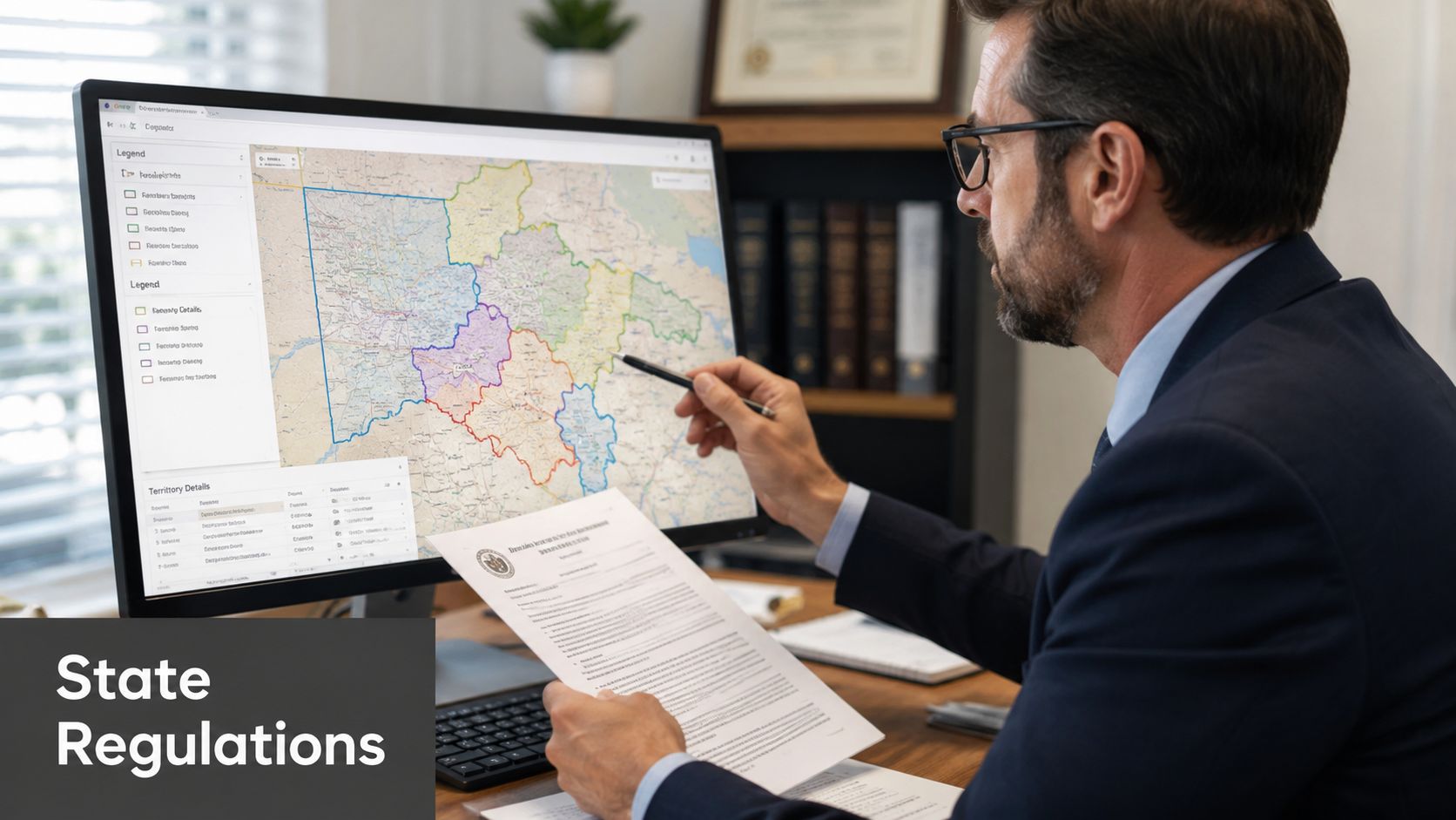 A professional man in a suit analyzing territorial map data on a computer screen in an office.