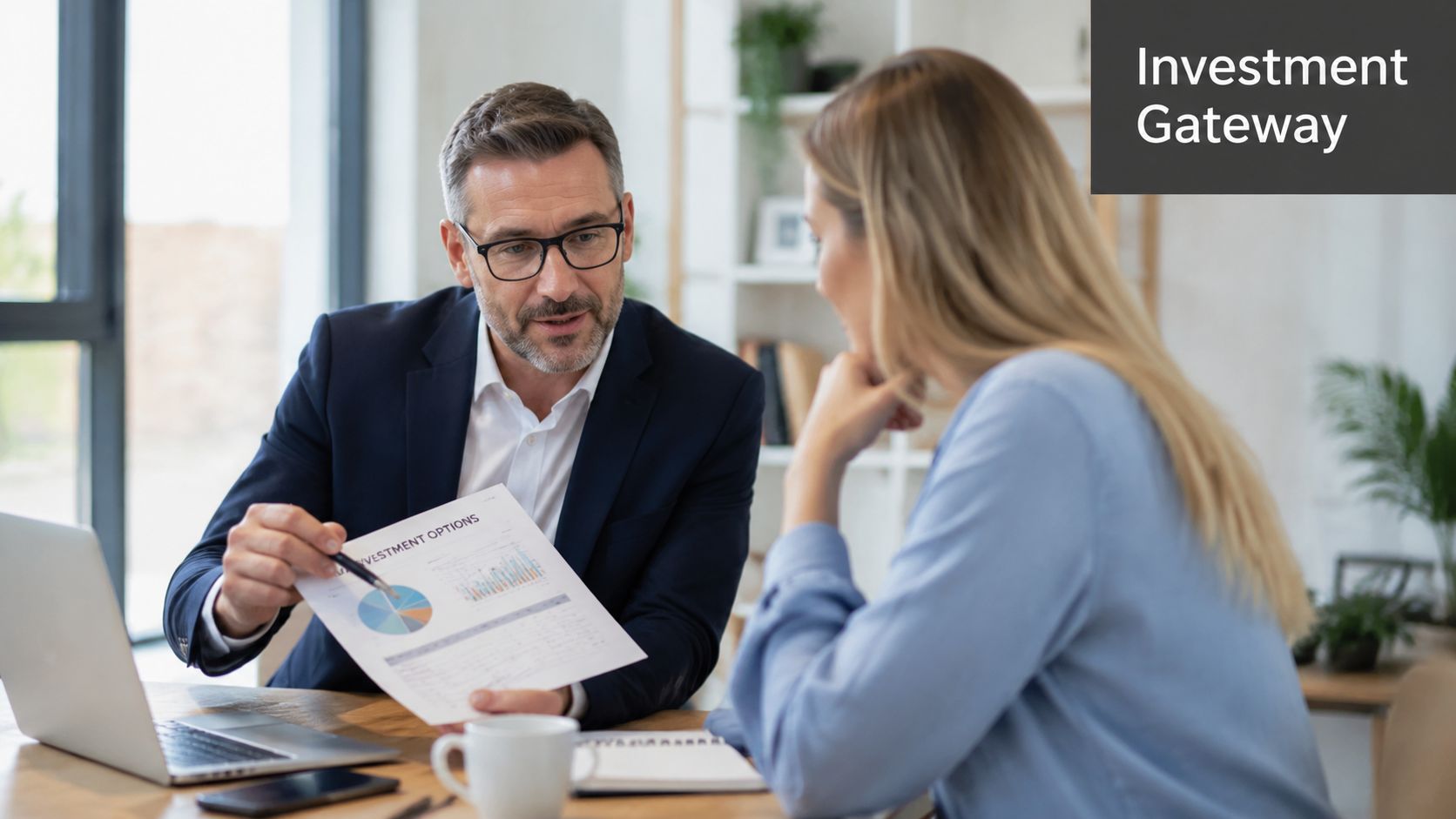 A professional financial advisor discusses investment options with a female client in a modern office setting.