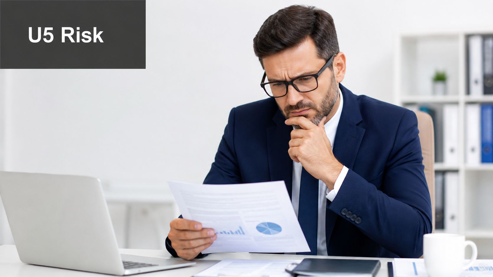 A concerned professional man in a business suit reviewing financial documents while sitting at his desk.