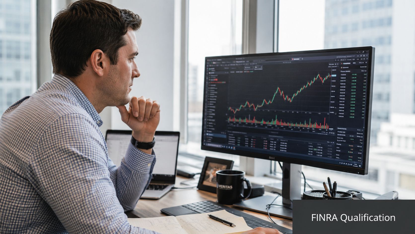 A professional man analyzing financial stock market charts on a computer monitor in an office.