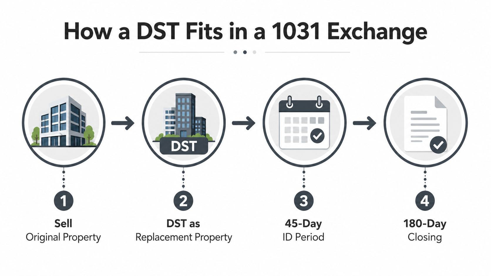 A four-step diagram illustrating the process of using a DST as a replacement property in a 1031 exchange.