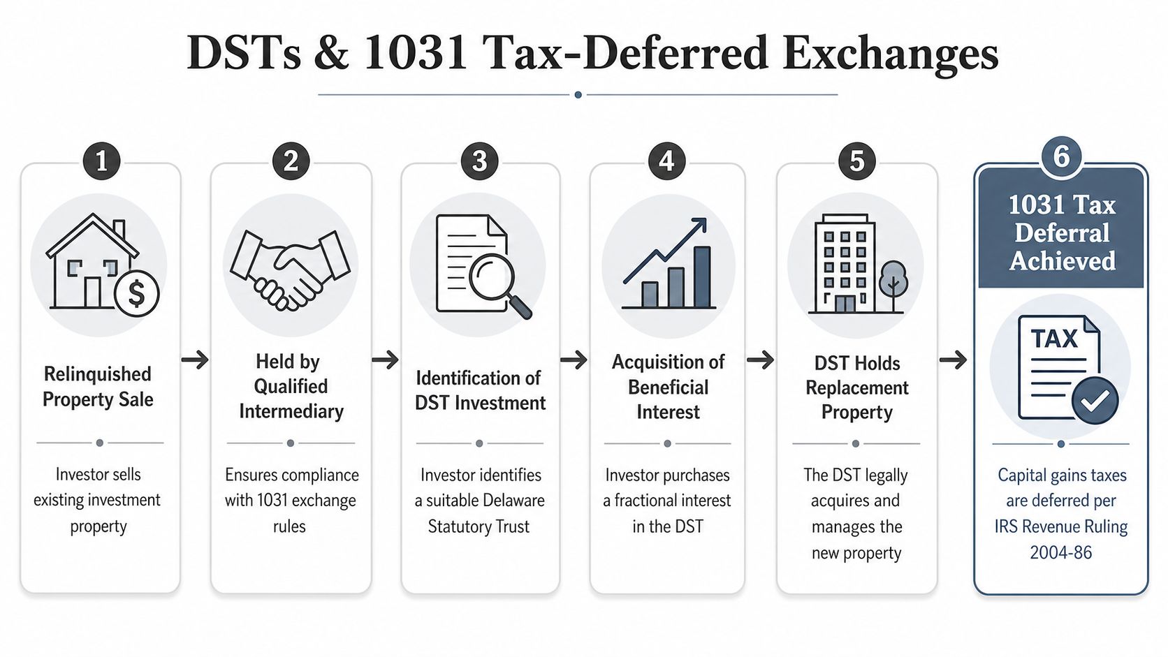 A flowchart showing the six steps of a 1031 tax-deferred exchange involving a Delaware Statutory Trust investment.