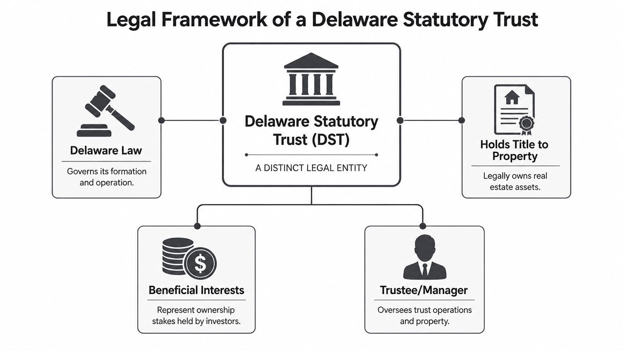 A diagram outlining the legal framework, governance, property ownership, and beneficial interest structure of a Delaware Statutory Trust.