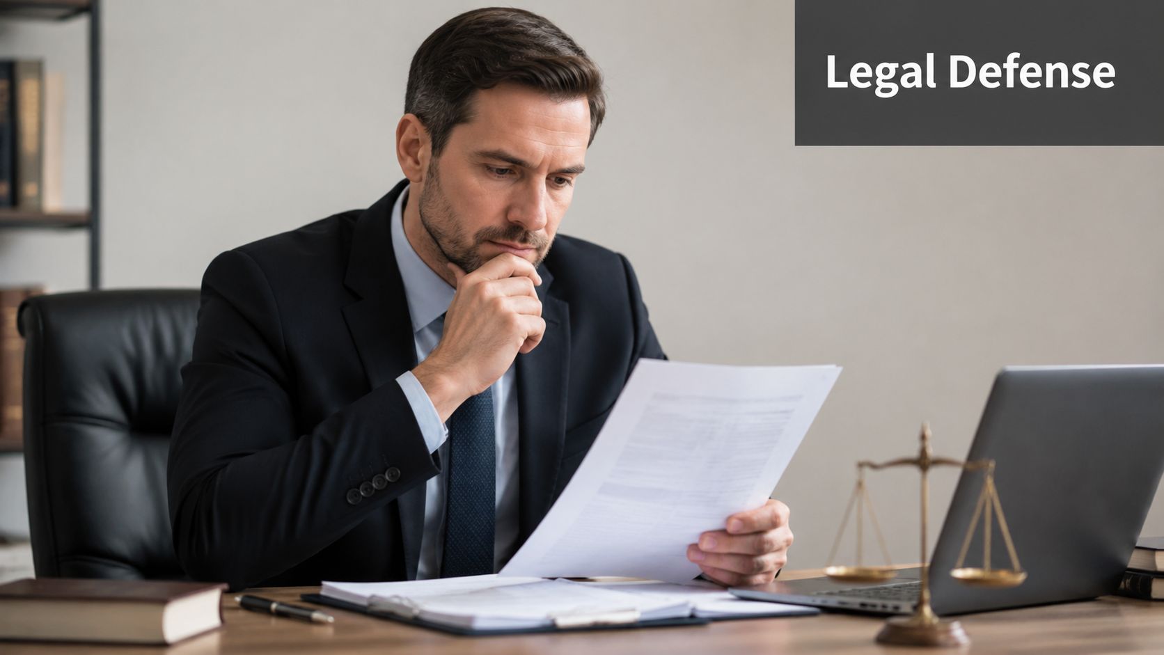 A professional lawyer in a suit reviewing legal documents at his desk with a laptop nearby.