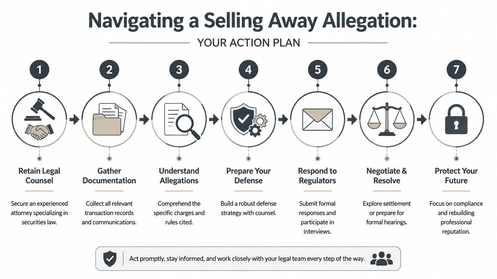 A seven-step action plan infographic for navigating and managing a selling away allegation in the securities industry.