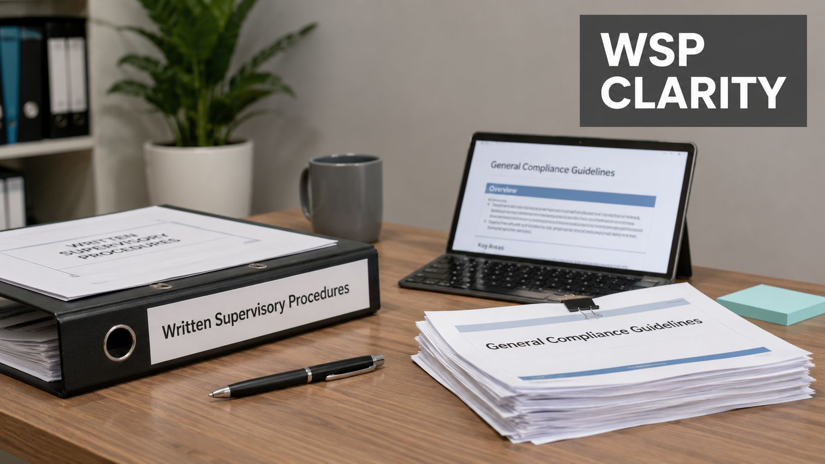 A professional workspace featuring a binder labeled Written Supervisory Procedures, documents, and a tablet displaying compliance guidelines.