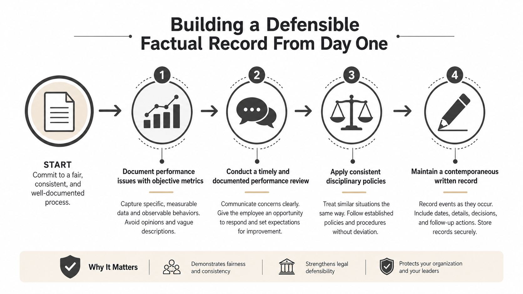 A four-step infographic illustrating a process for building a defensible factual record for employee performance management.