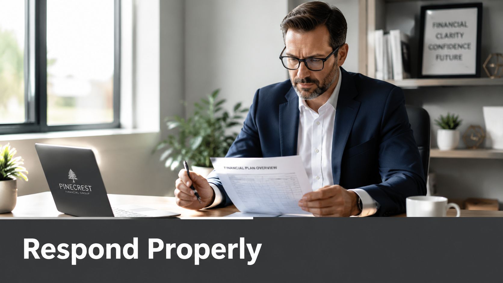 A professional financial advisor sitting at his desk reviewing a document labeled Financial Plan Overview.