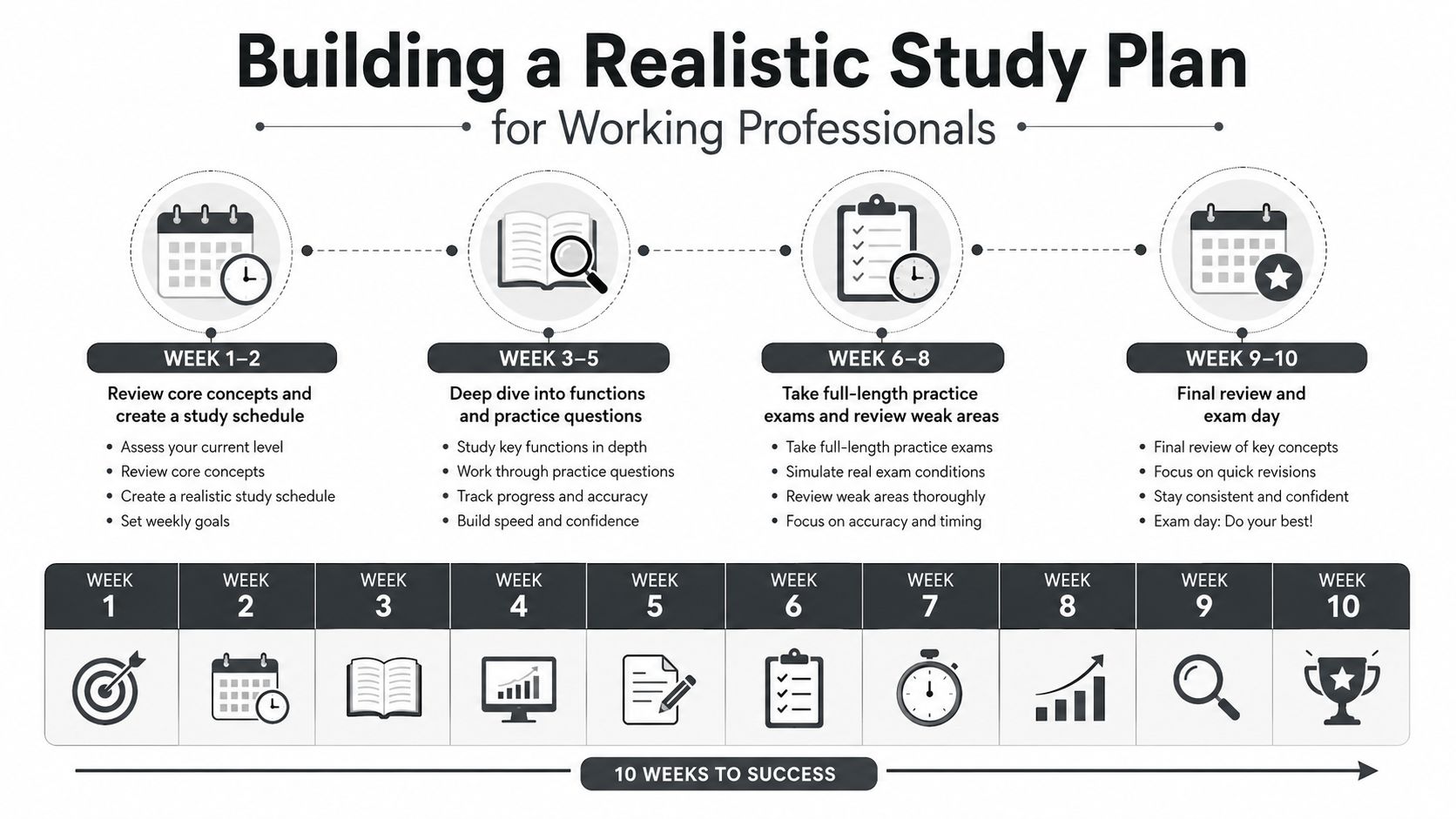 A 10-week study plan infographic for working professionals to prepare for exams efficiently and systematically.