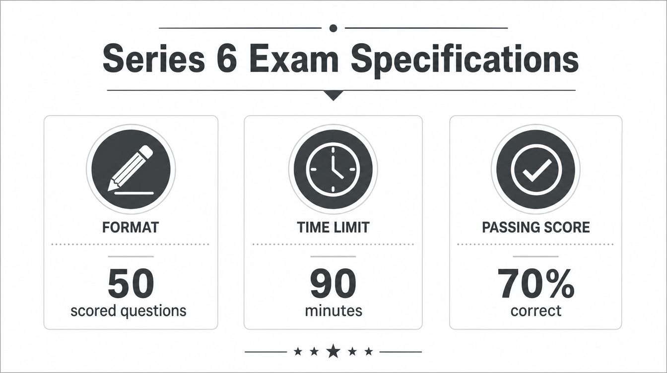 Series 6 exam specifications including format of 50 scored questions, 90 minutes, and 70% passing score.
