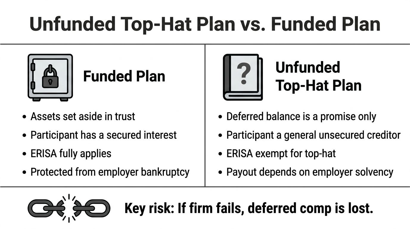 A comparison chart outlining the key differences between funded plans and unfunded top-hat compensation plans.