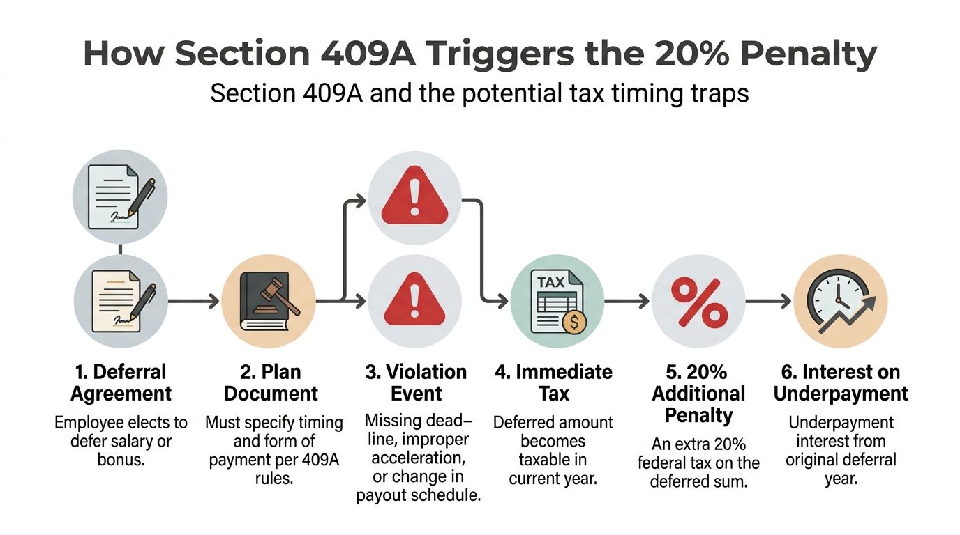 A flowchart explaining how Section 409A triggers a 20% tax penalty on deferred compensation plans.