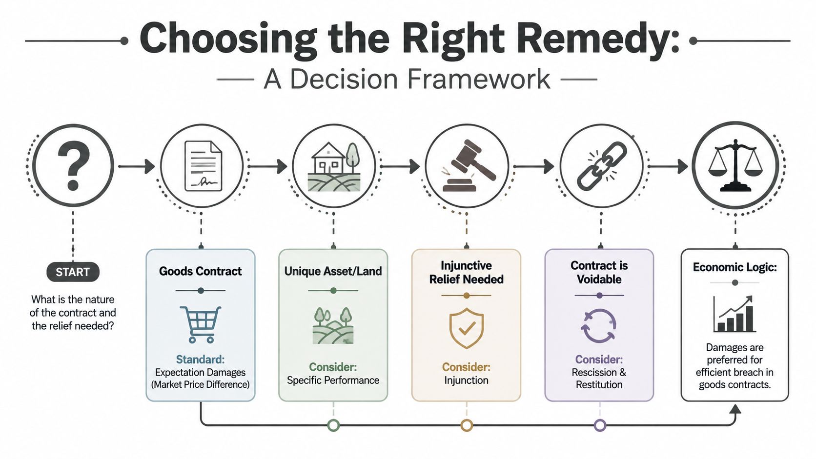A decision framework flow chart illustrating legal remedies for breach of contract based on contract type.