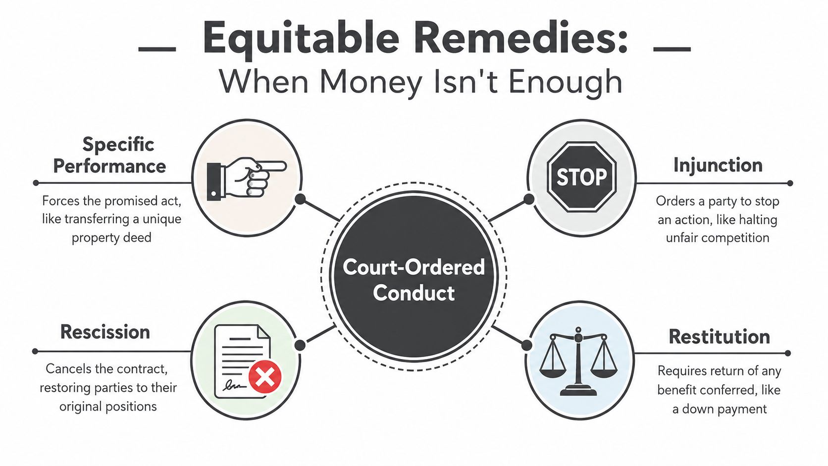 A diagram illustrating four types of equitable remedies in law: specific performance, injunction, rescission, and restitution.