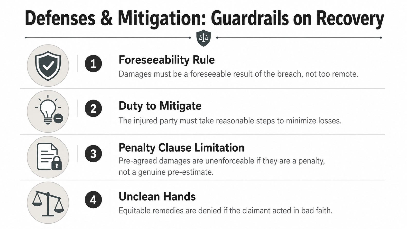 A diagram illustrating four legal defenses and mitigation strategies regarding contract breach recovery and damages.