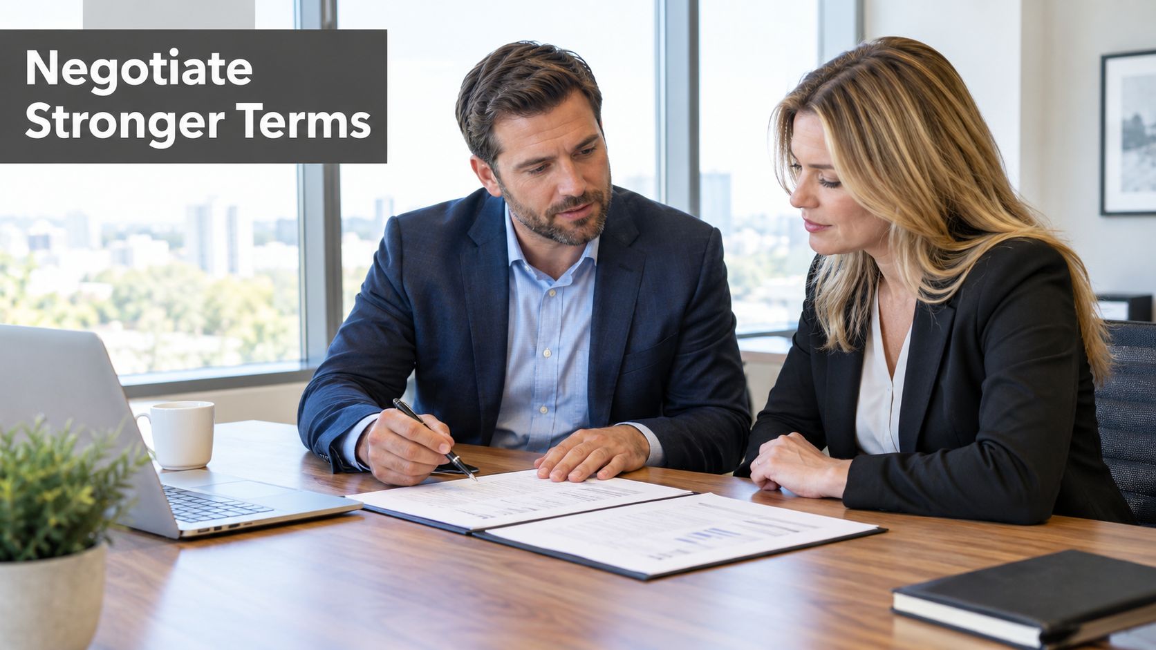 A professional man and woman sitting at an office desk discussing and reviewing a legal business document.