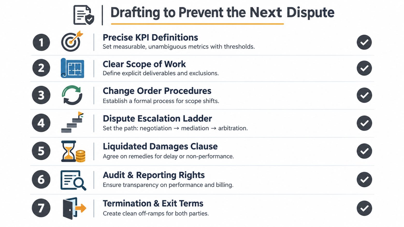 A checklist infographic titled Drafting to Prevent the Next Dispute listing seven key contract elements.
