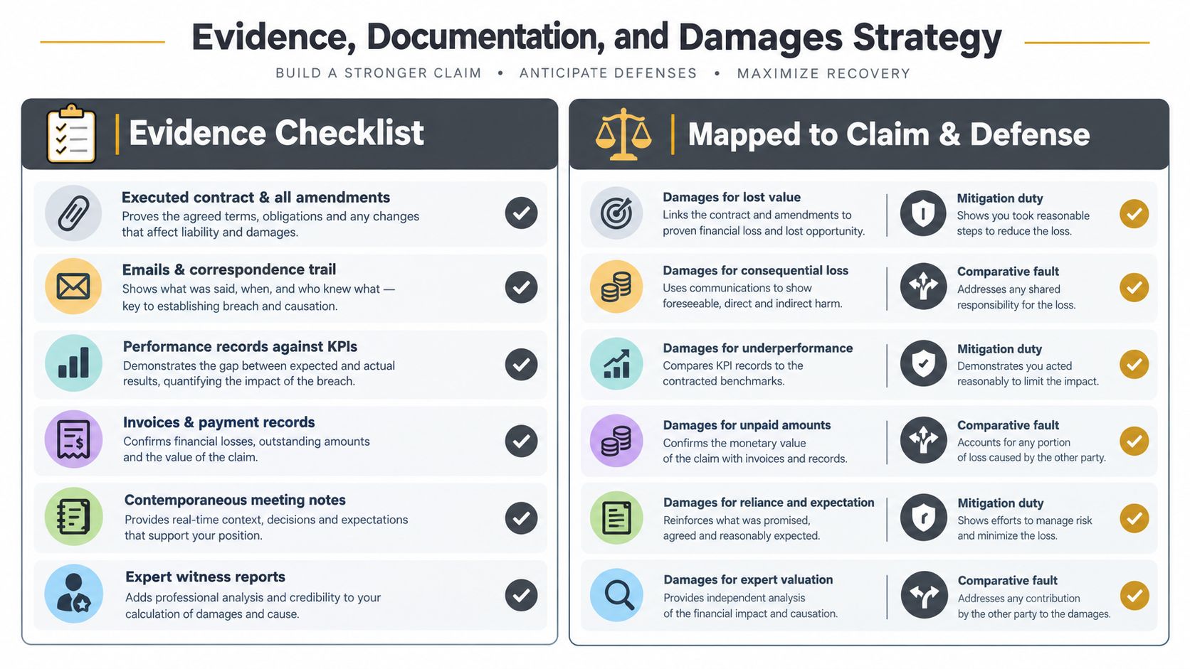 A strategic infographic outlining documentation, evidence types, and damage categories for building a strong legal claim.