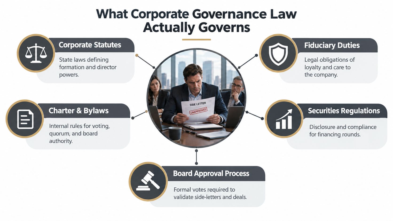 An infographic detailing five key components of corporate governance law with a central image of executives.