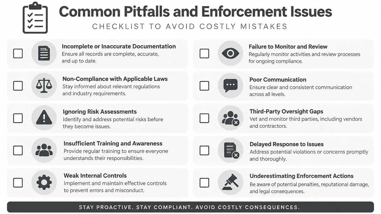 A checklist infographic outlining common corporate pitfalls and compliance enforcement issues for businesses to avoid costly mistakes.