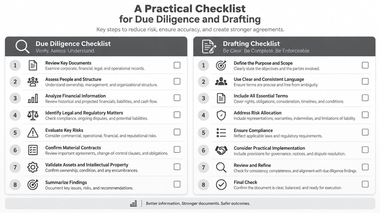 A checklist for legal due diligence and drafting to improve risk management and contract accuracy.