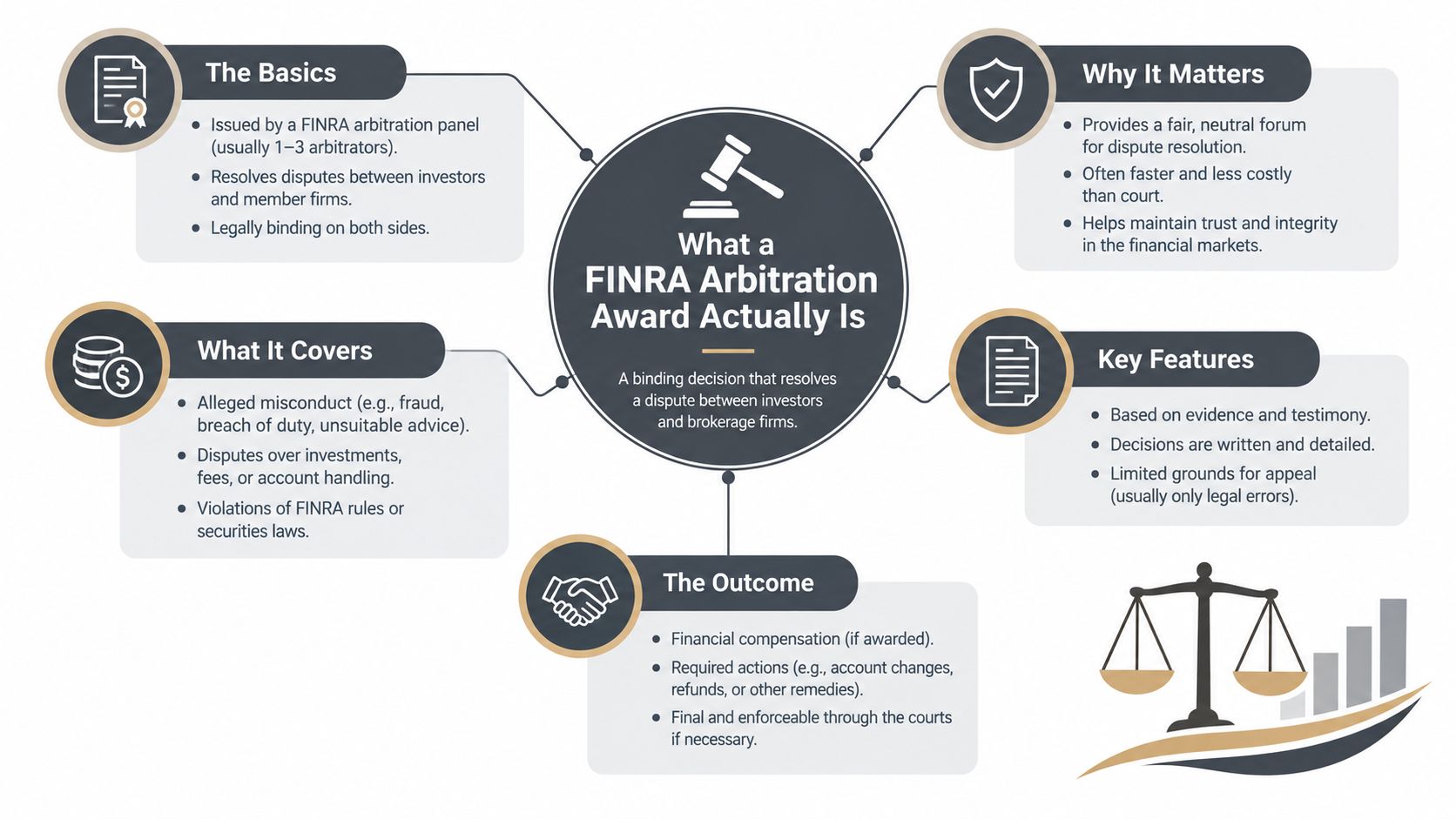 An infographic titled What a FINRA Arbitration Award Actually Is, explaining its process, coverage, and key features.