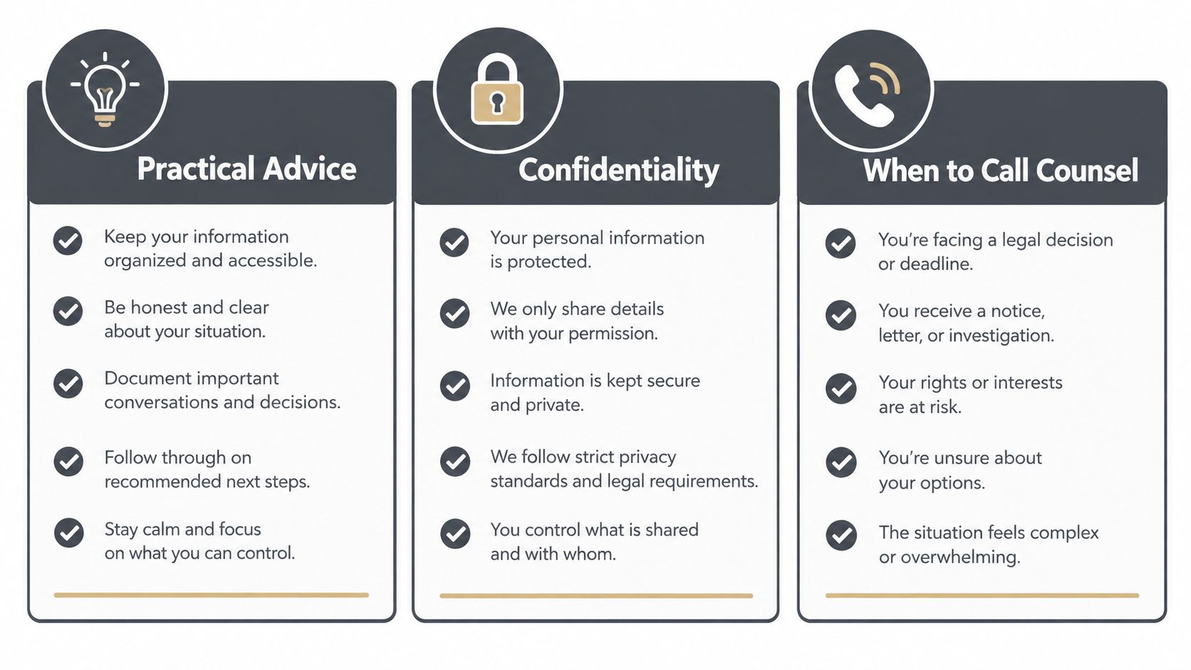 An infographic detailing practical advice, confidentiality, and when to call legal counsel for professional guidance.