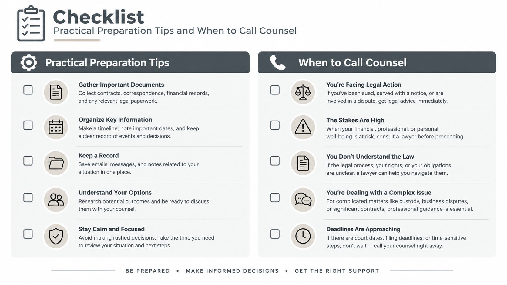 A checklist infographic providing practical preparation tips and guidance on when to consult with legal counsel.