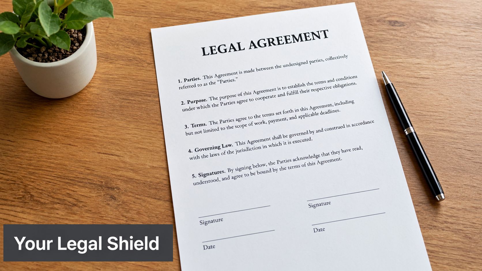 A printed legal agreement on a wooden desk with a black pen and a small green plant.