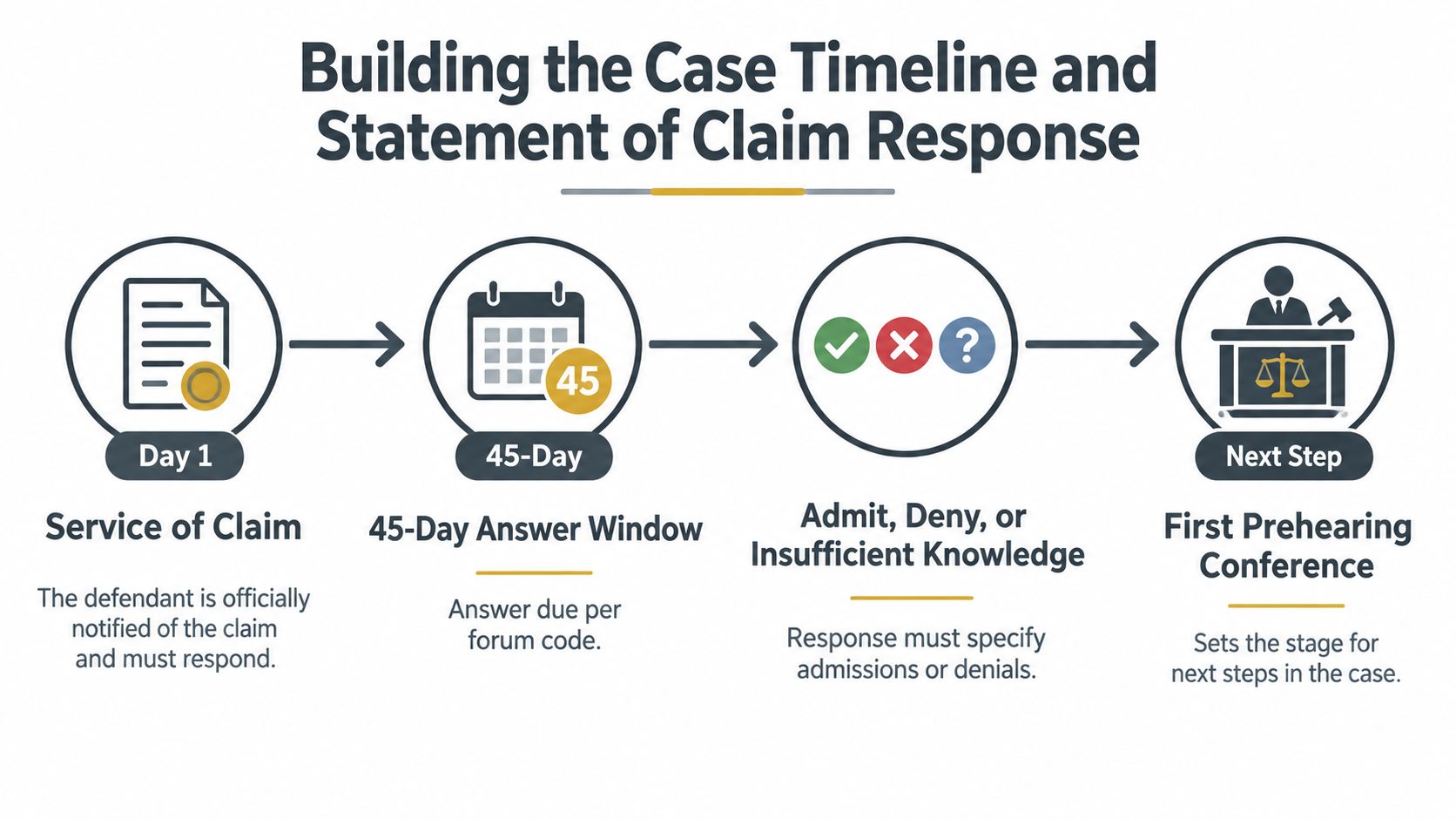 A timeline infographic illustrating the legal process for responding to a claim, beginning with service of process.