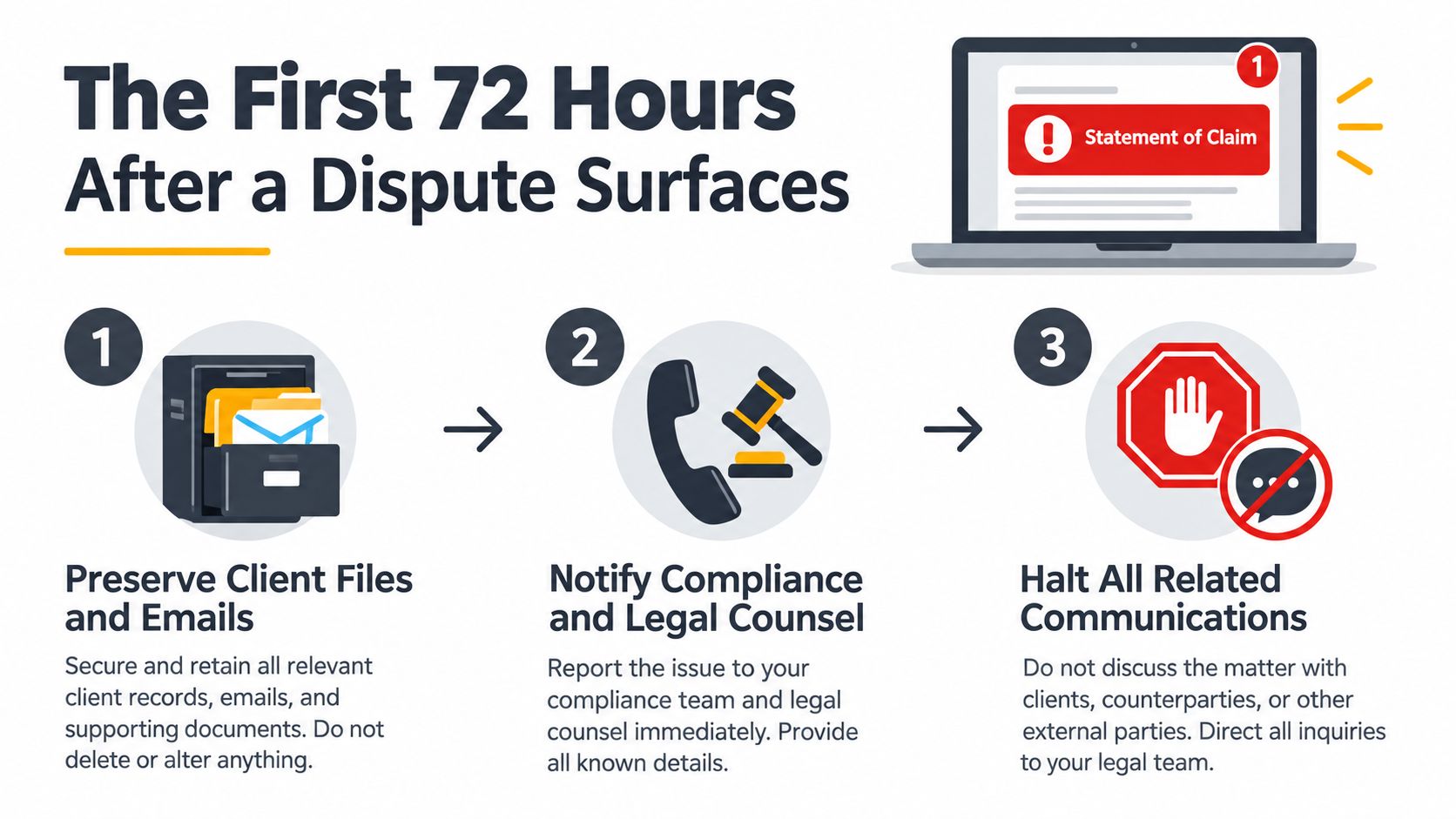 An infographic detailing the three essential steps to take during the first 72 hours of a dispute.