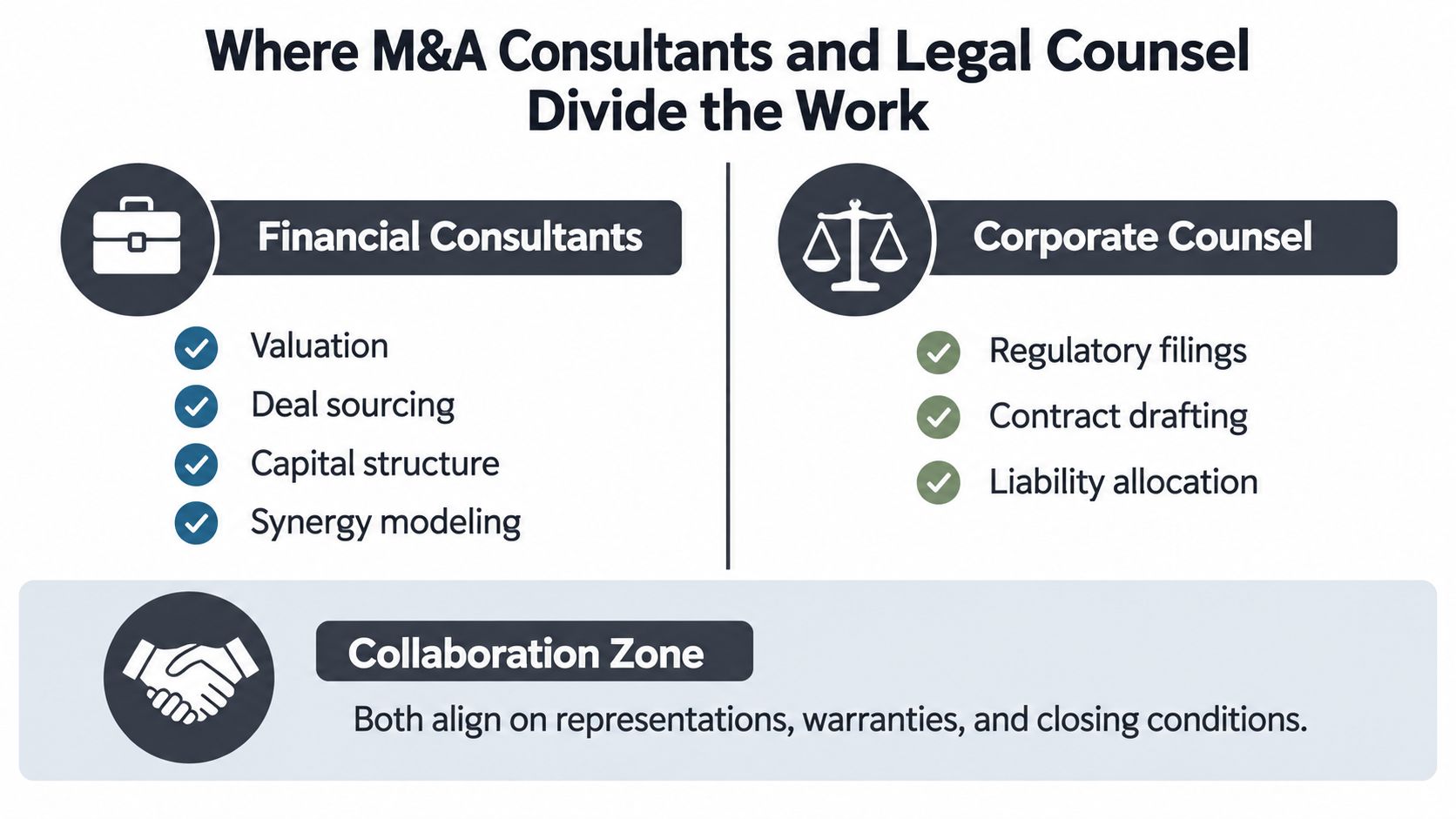 An infographic showing the division of responsibilities between financial consultants and corporate counsel in M&A deals.