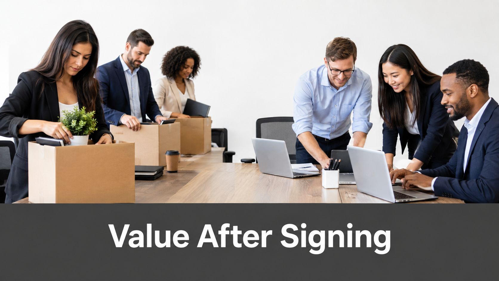A professional team of business people packing office items into cardboard boxes in a modern office space.