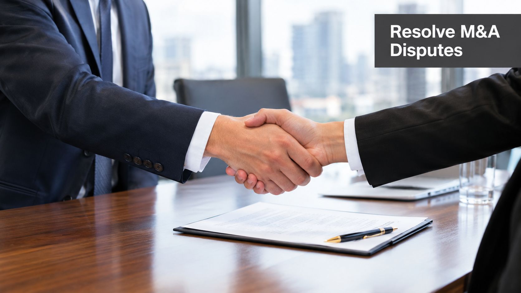 Two business professionals in suits shaking hands over a contract on a wooden boardroom table.