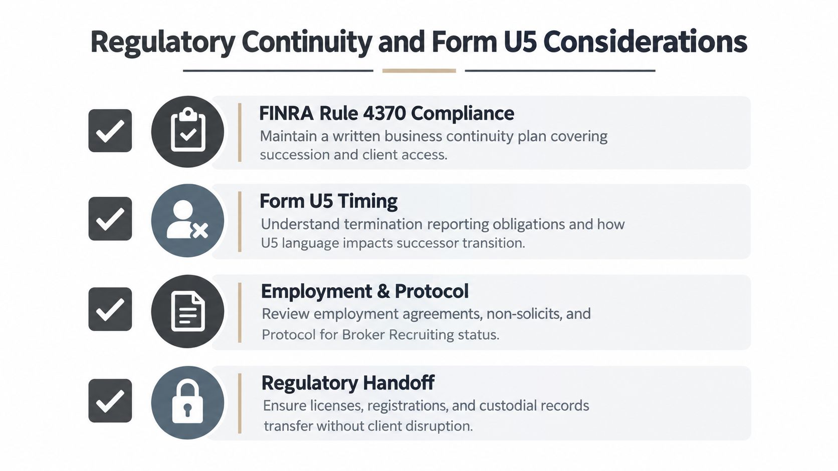 A slide detailing regulatory compliance, Form U5, and succession planning considerations for financial advisor transitions.