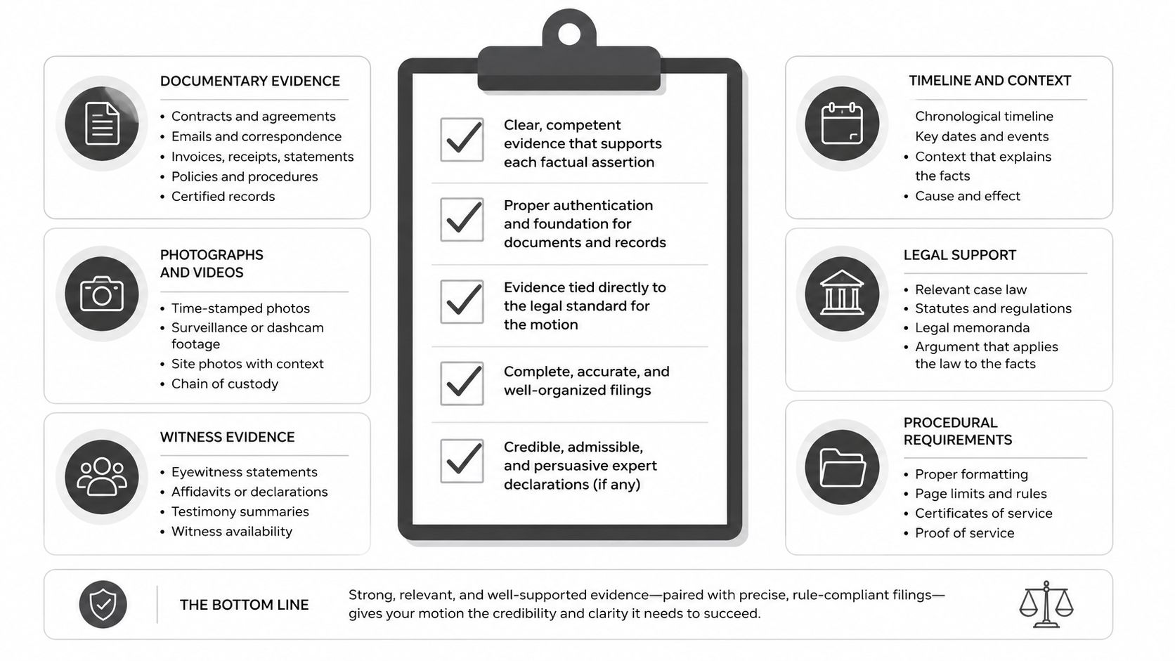 A checklist infographic outlining the essential evidence and procedural requirements needed to support a summary judgment motion.