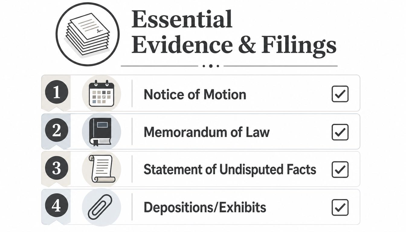 A checklist showing four essential documents for a summary judgment motion: Notice of Motion, Memorandum of Law, Statement of Undisputed Facts, and Depositions/Exhibits.