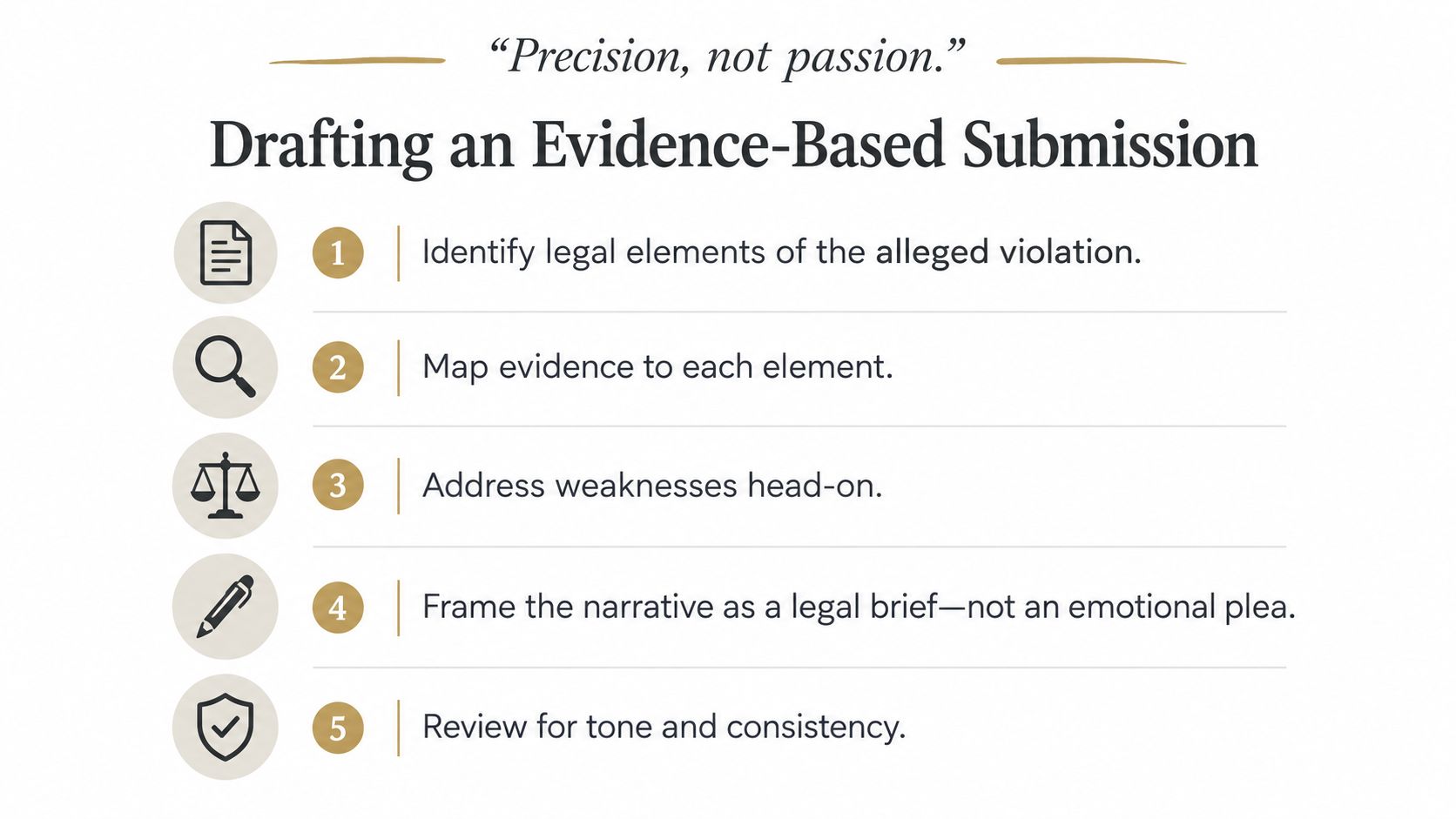 A five-step guide on drafting an evidence-based legal submission, focusing on precision over emotional narratives.