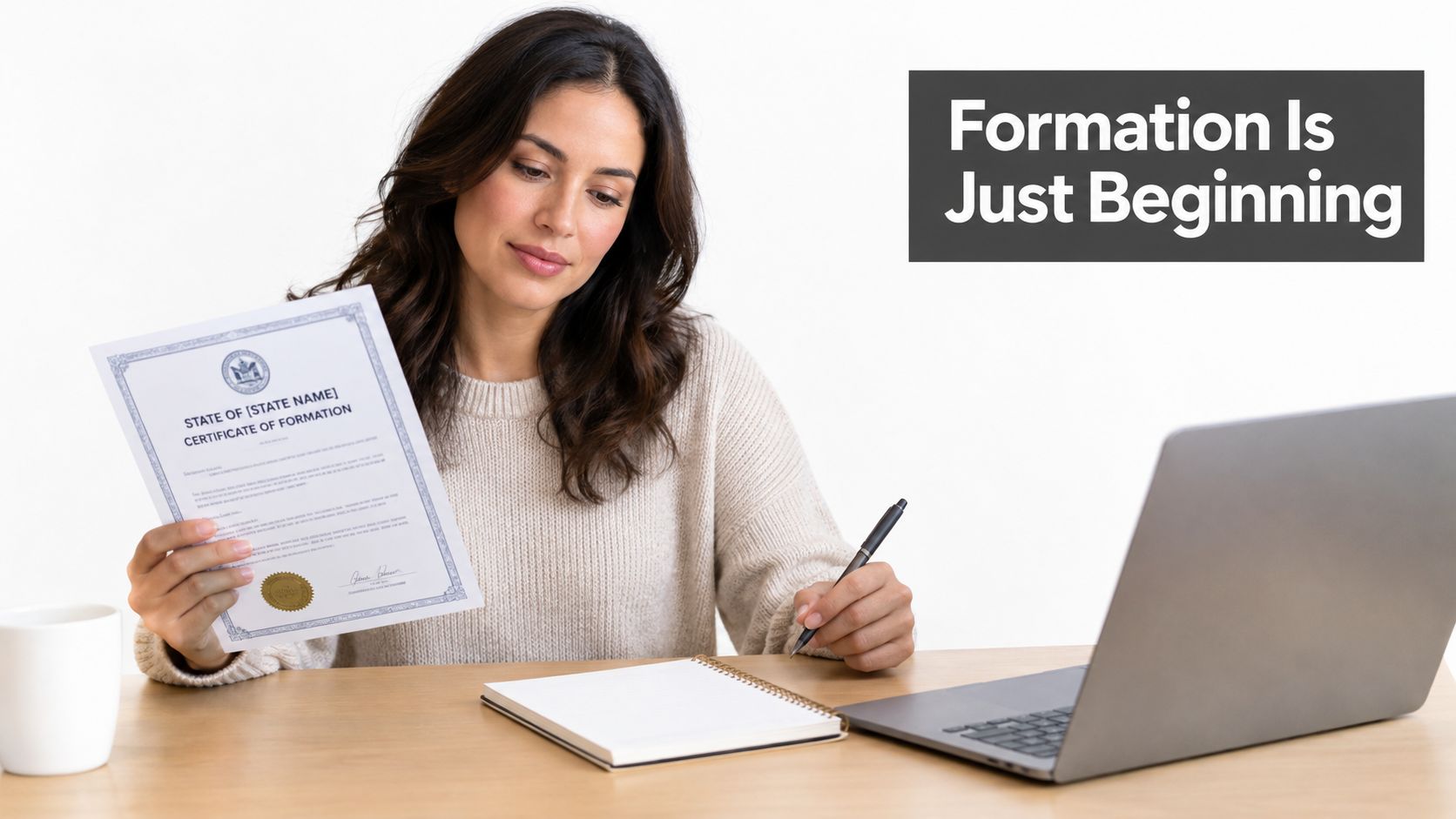 A woman reviewing a Certificate of Formation document while working on her laptop and taking notes.