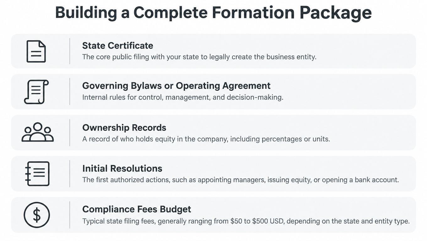 An infographic titled Building a Complete Formation Package, showing a list of essential legal business entity documents.