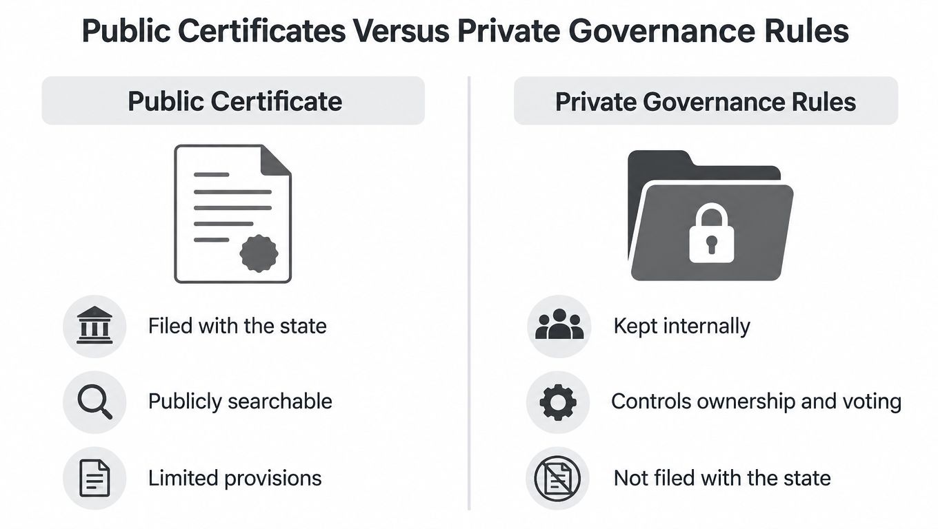 A comparison chart showing differences between public business certificates and private governance rules for companies.