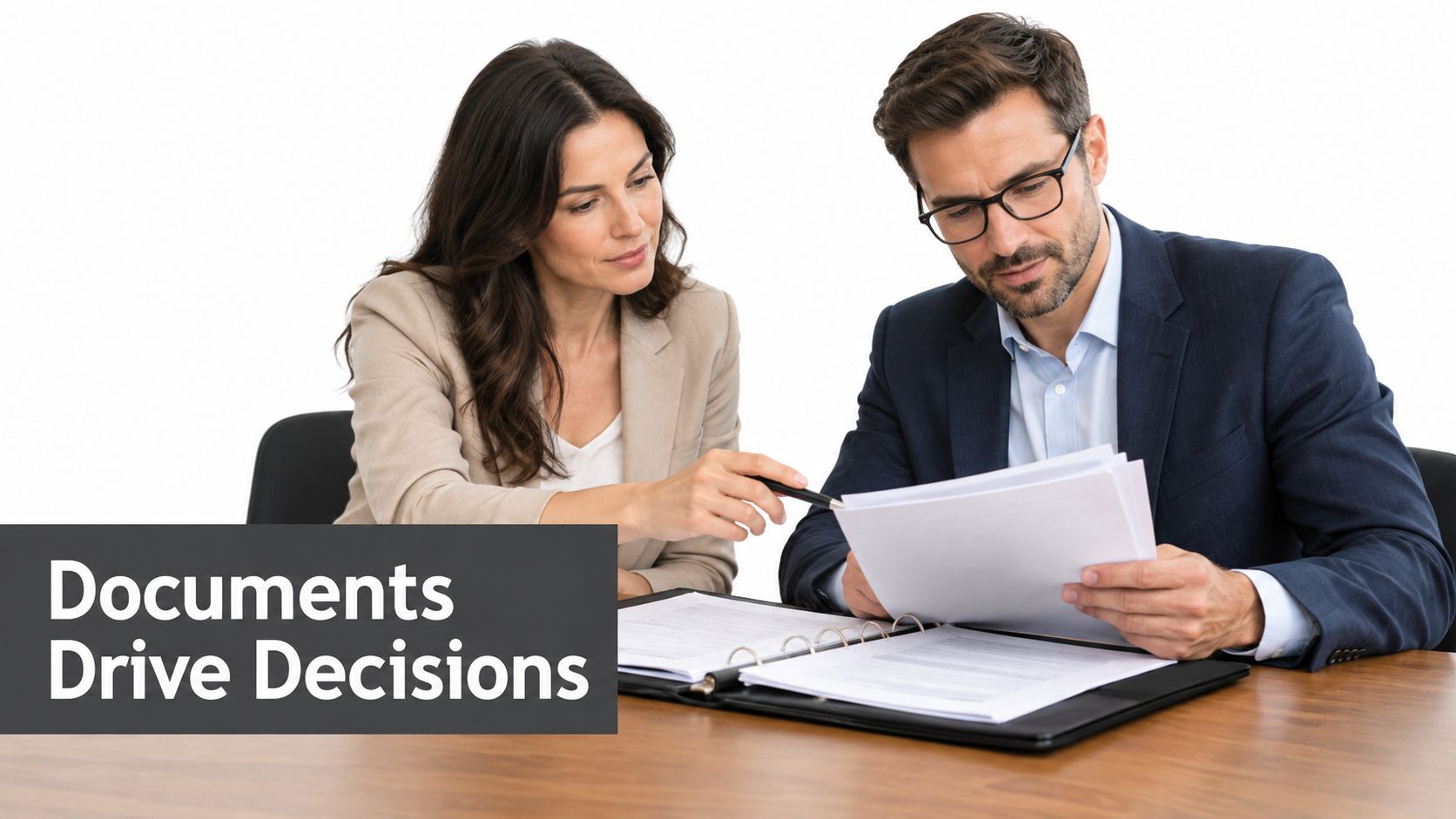 A professional man and woman review business formation documents together at a desk in an office.