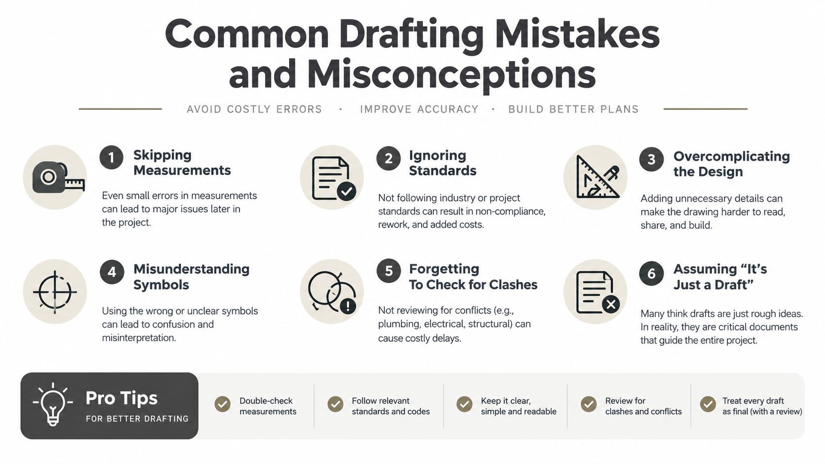 An infographic detailing common drafting mistakes and misconceptions in technical design, with six numbered points and pro tips.