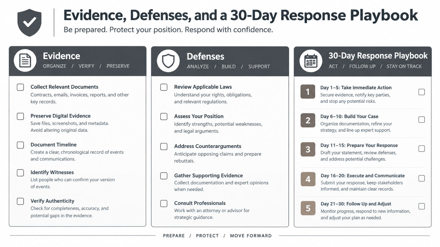 A structured checklist infographic outlining steps for managing evidence, legal defenses, and a 30-day response strategy.