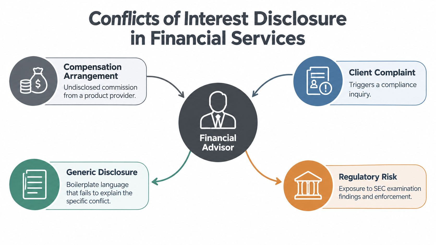 A diagram illustrating the causes and consequences of conflicts of interest disclosure in financial services.