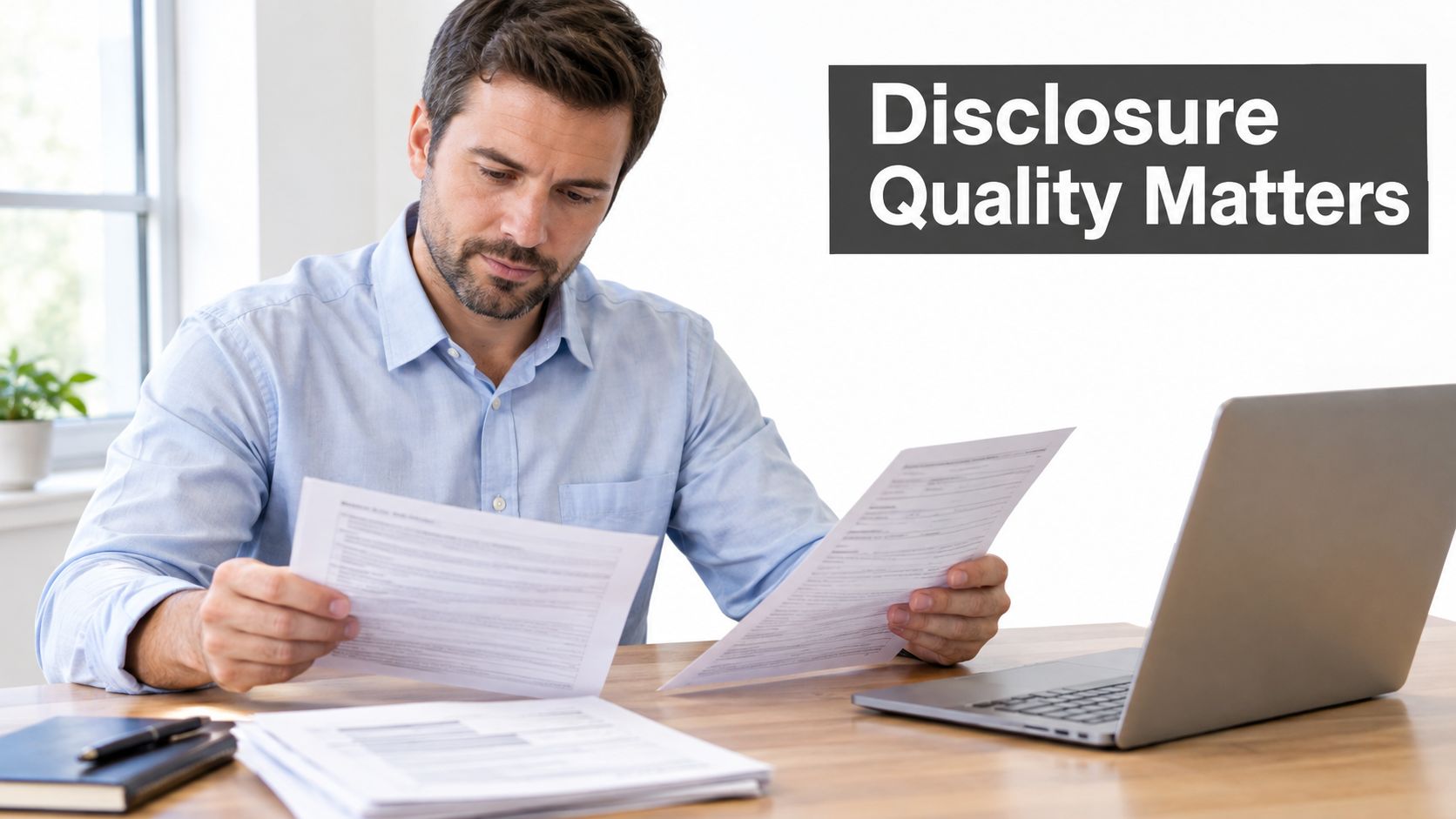 A professional man in a light blue shirt reviews financial documents at a desk with a laptop.