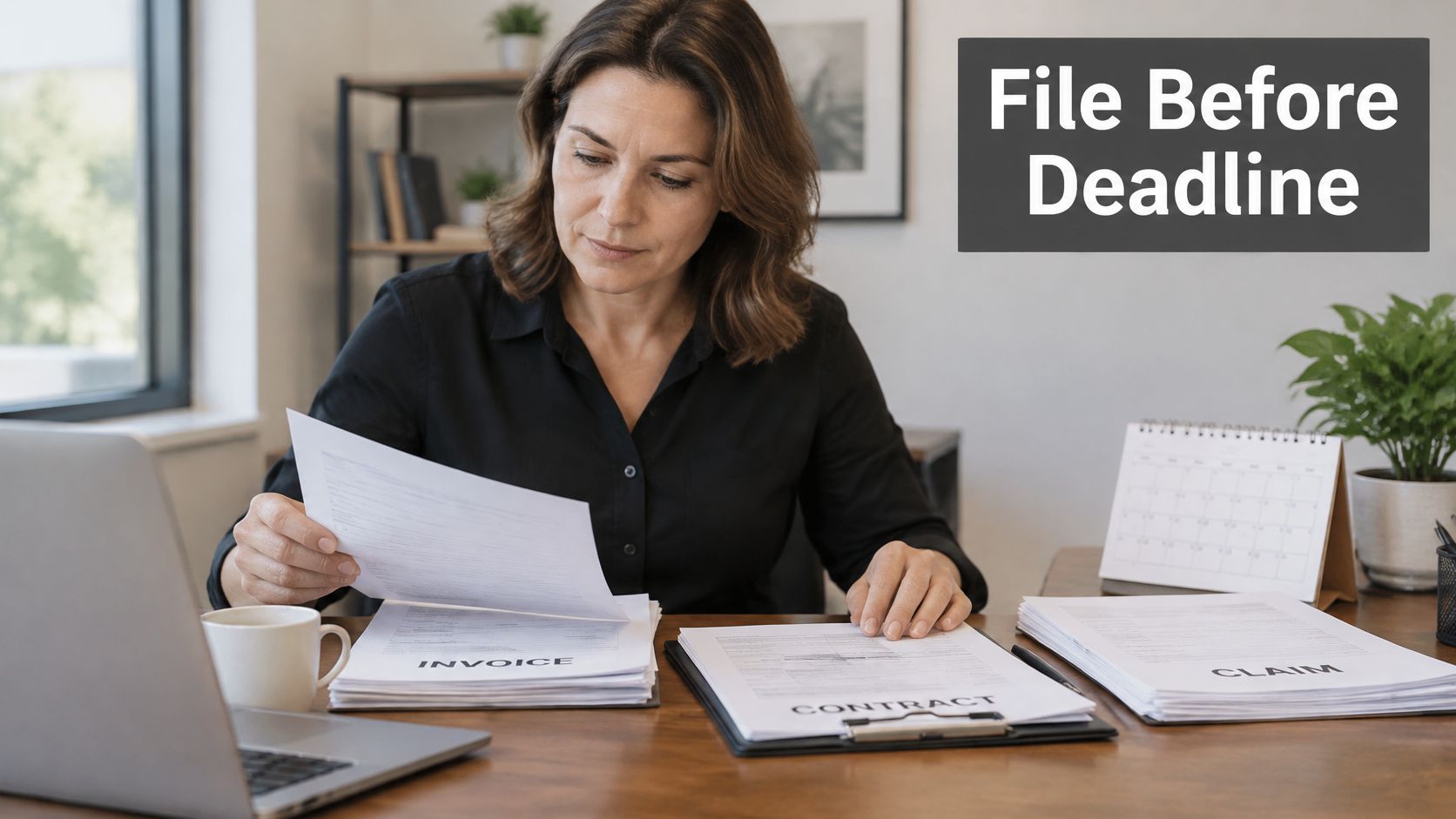 A professional woman reviewing legal documents and invoices at her well-lit desk.