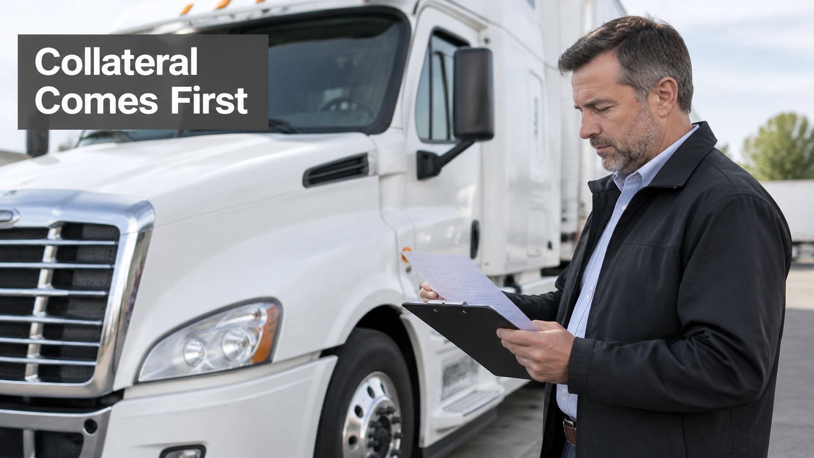 A professional man holding a clipboard and documents while standing in front of a white semi-truck.